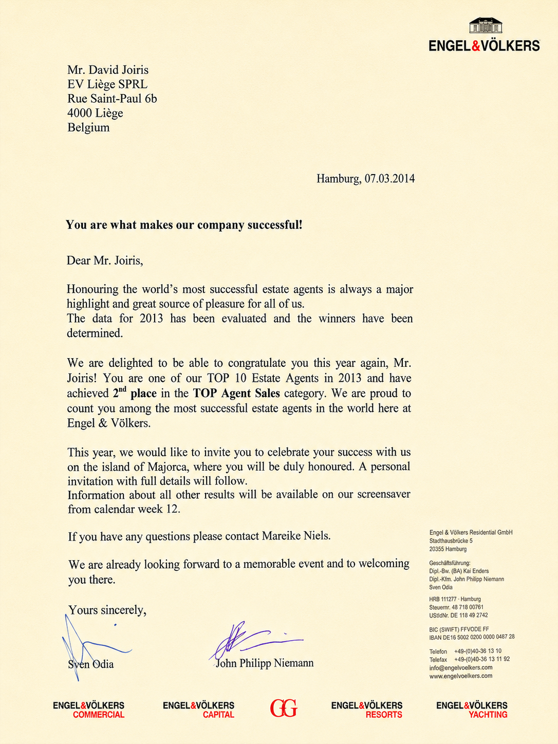 Courrier Engel & Völkers de mars 2014 : David Joiris 2e mondial Top Agent Sales pour 2013