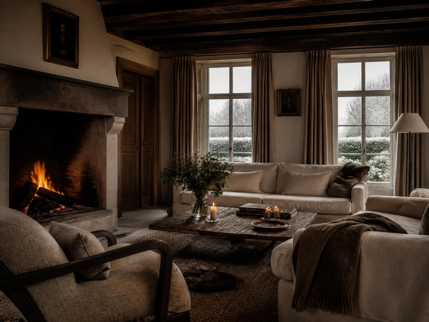 Salon d'une maison de campagne belge, feu ouvert dans une cheminée en pierre, matières de laine et bois sombre, lumière d'hiver