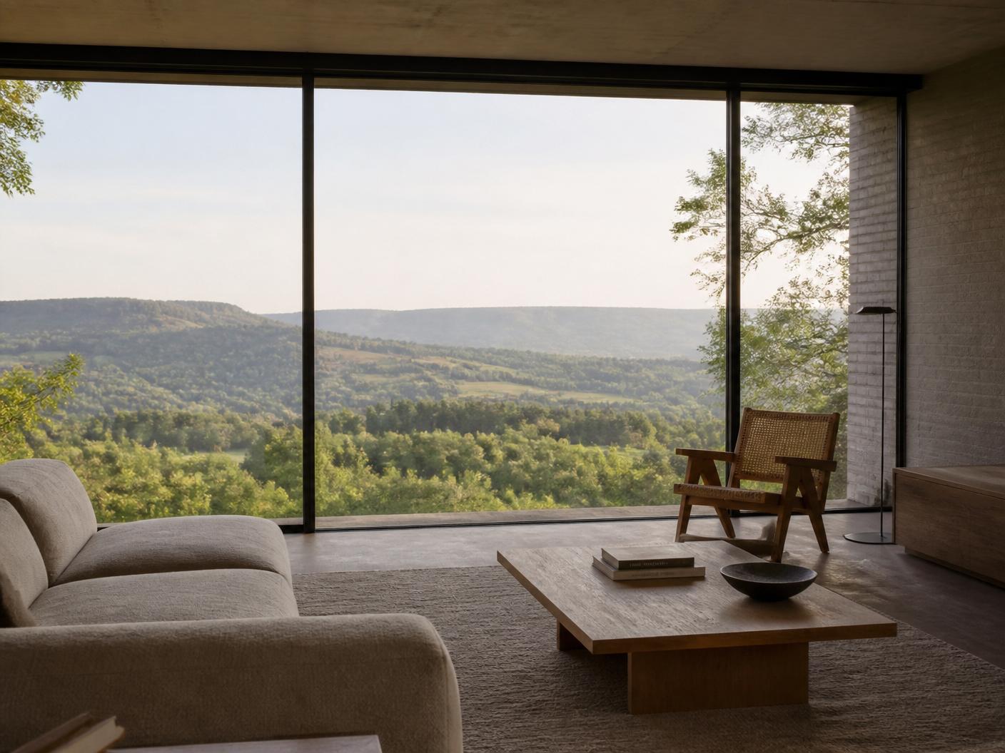 Séjour contemporain aux baies vitrées toute hauteur ouvrant sur un vaste panorama de vallée wallonne