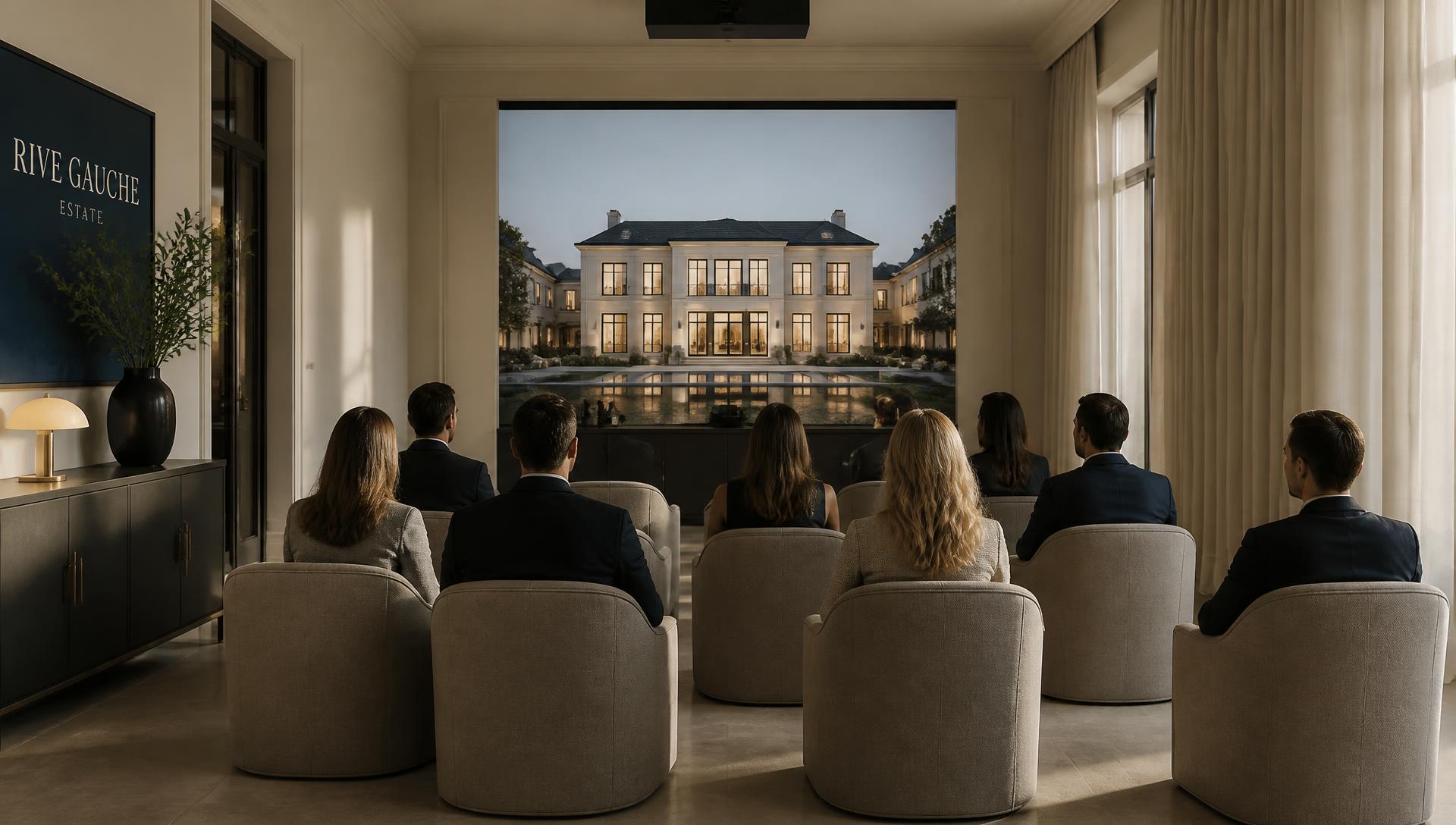 Salon de présentation privée au crépuscule, rangée de fauteuils face à une demeure illuminée