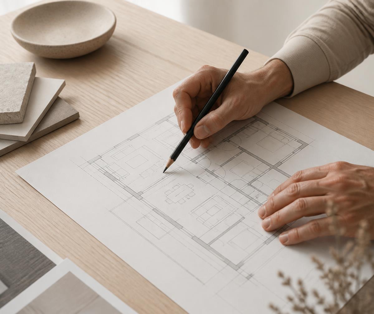 Main d'architecte dessinant un plan