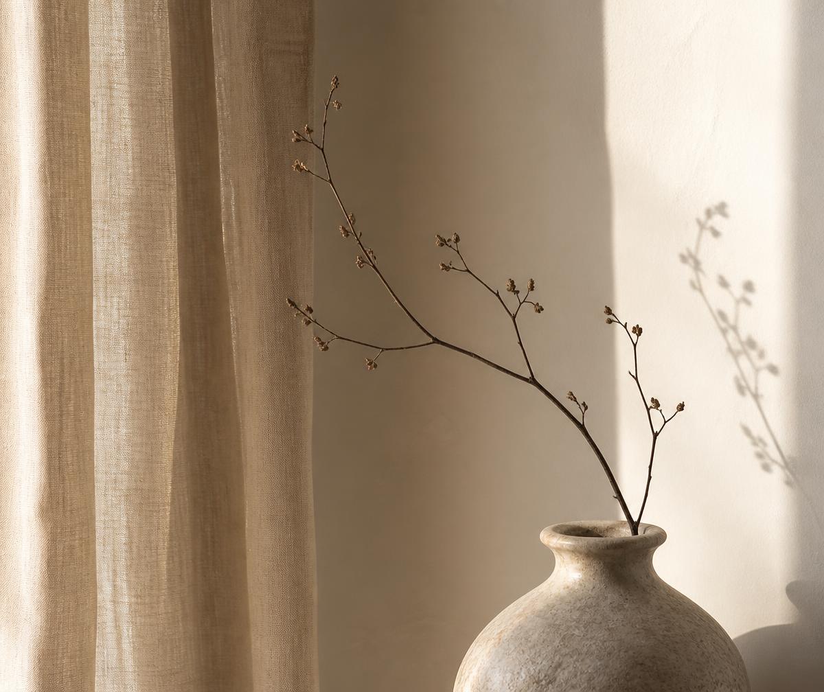 Détail d'intérieur : vase en céramique et rideau de lin