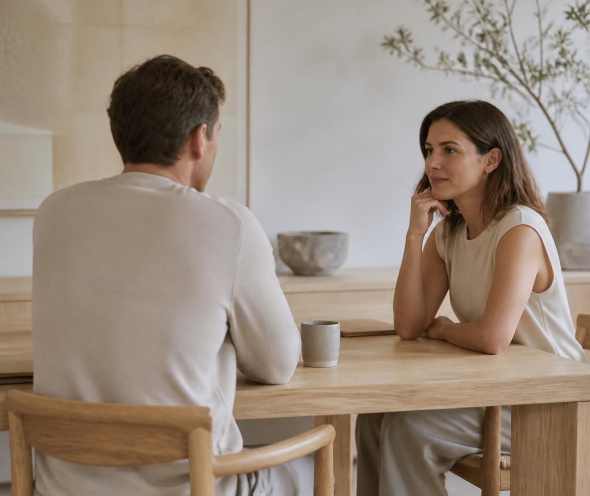 Deux personnes en conversation autour d'une table en chêne