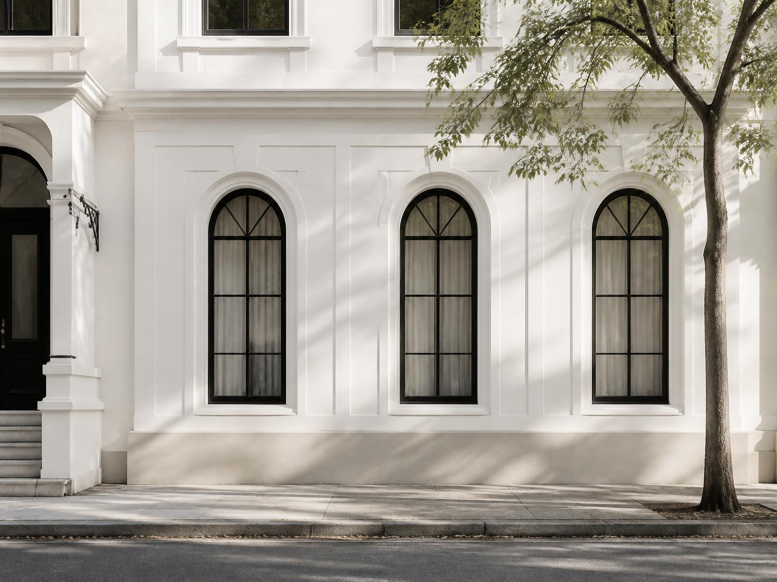 Façade blanche d'une maison de maître aux fenêtres cintrées