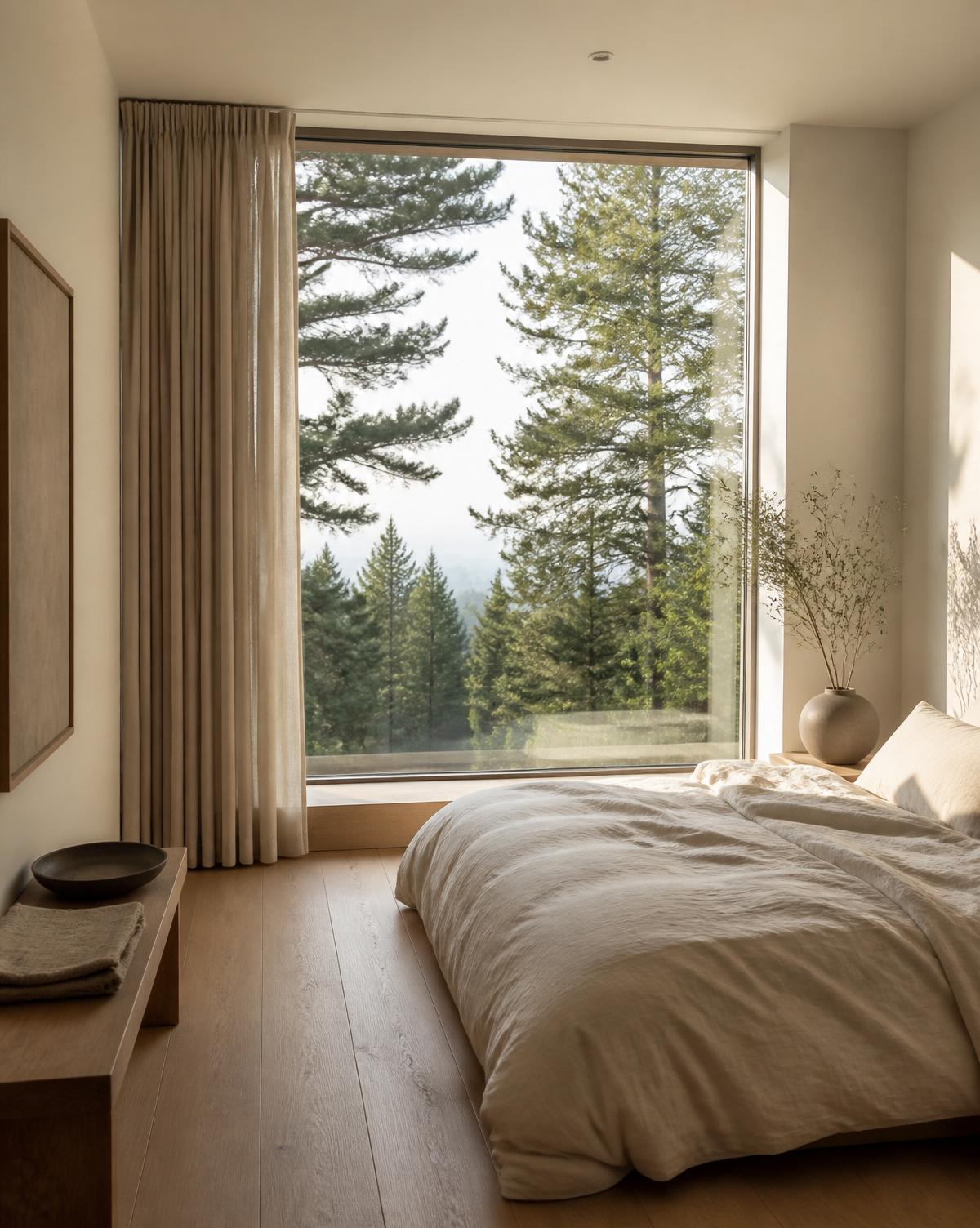 Chambre minimaliste avec grande baie sur une forêt de pins