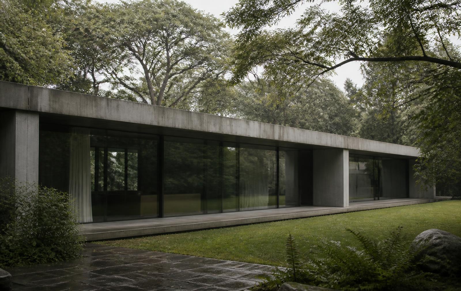 Pavillon de béton et de verre dans un jardin arboré